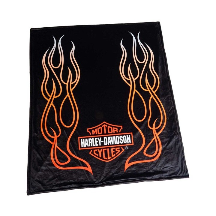 Coperta in pile Harley-Davidson® Flames Bar & Shield con retro in Sherpa - Nera