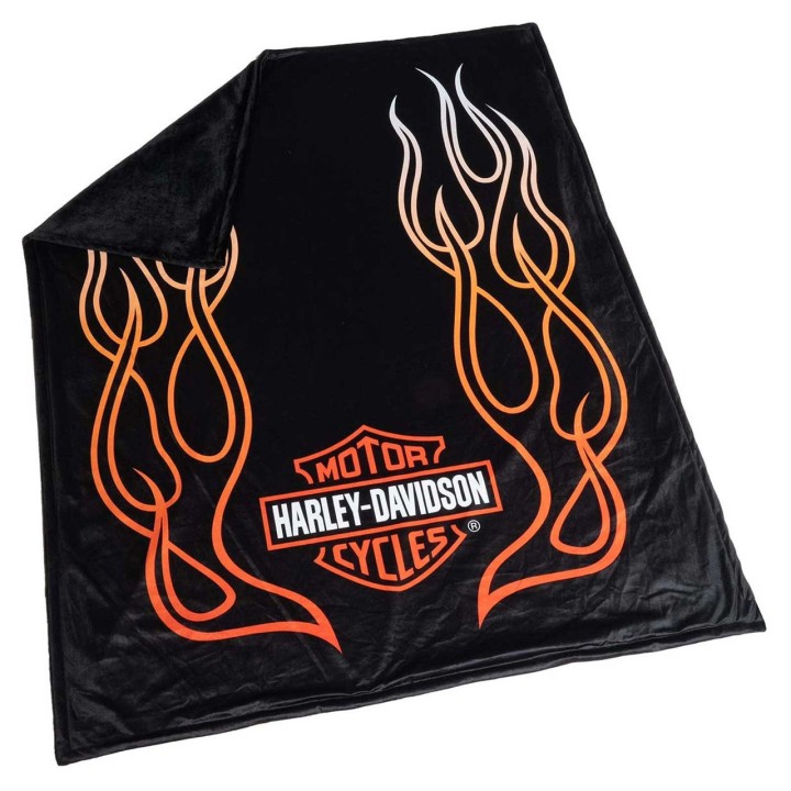 Coperta in pile Harley-Davidson® Flames Bar & Shield con retro in Sherpa - Nera