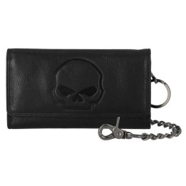 Portafoglio da uomo Harley-Davidson® in pelle con catena da motociclista e teschi in rilievo, nero