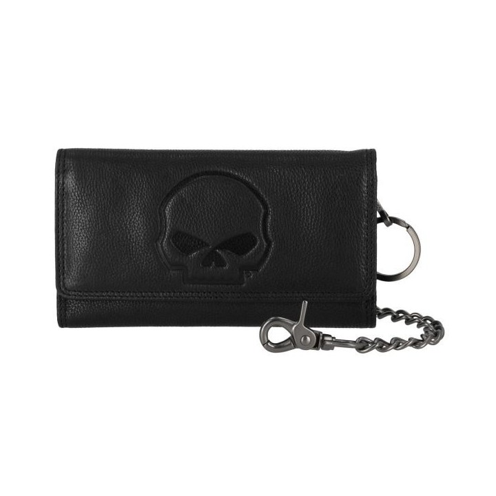 Portafoglio da uomo Harley-Davidson® in pelle con catena da motociclista e teschi in rilievo, nero