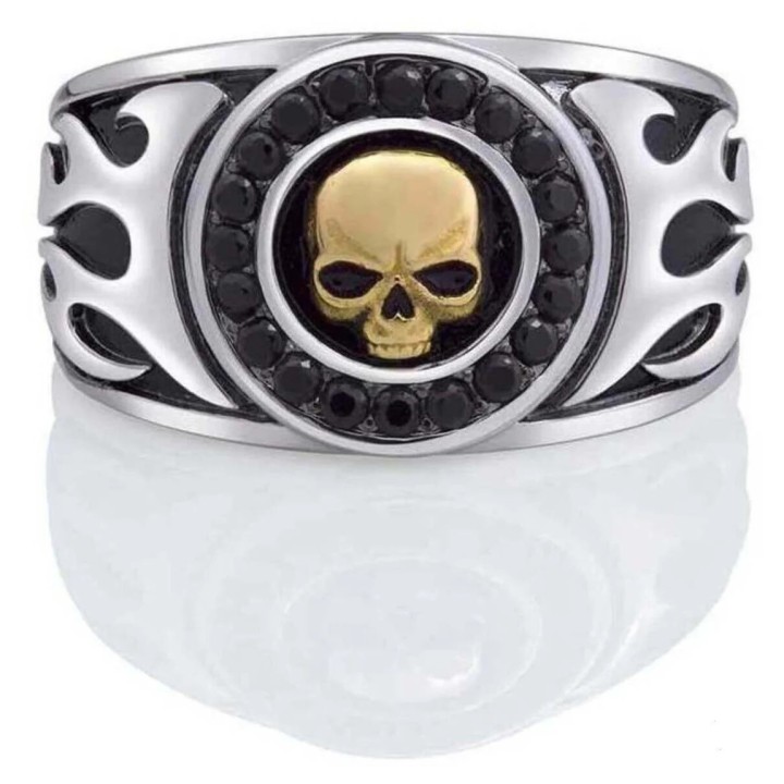 Anello con sigillo in oro con teschio e fiamme