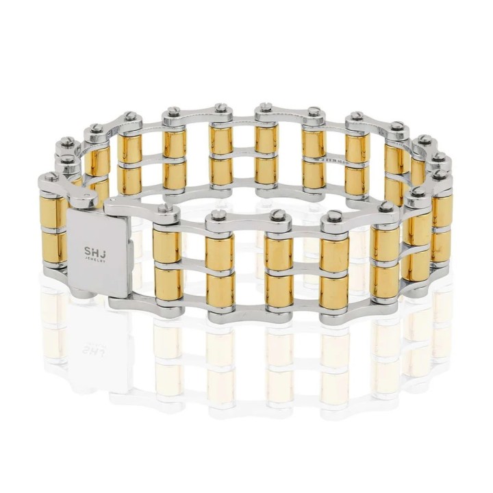 BRACCIALE BIKER A DOPPIA CATENA  STEEL & GOLD